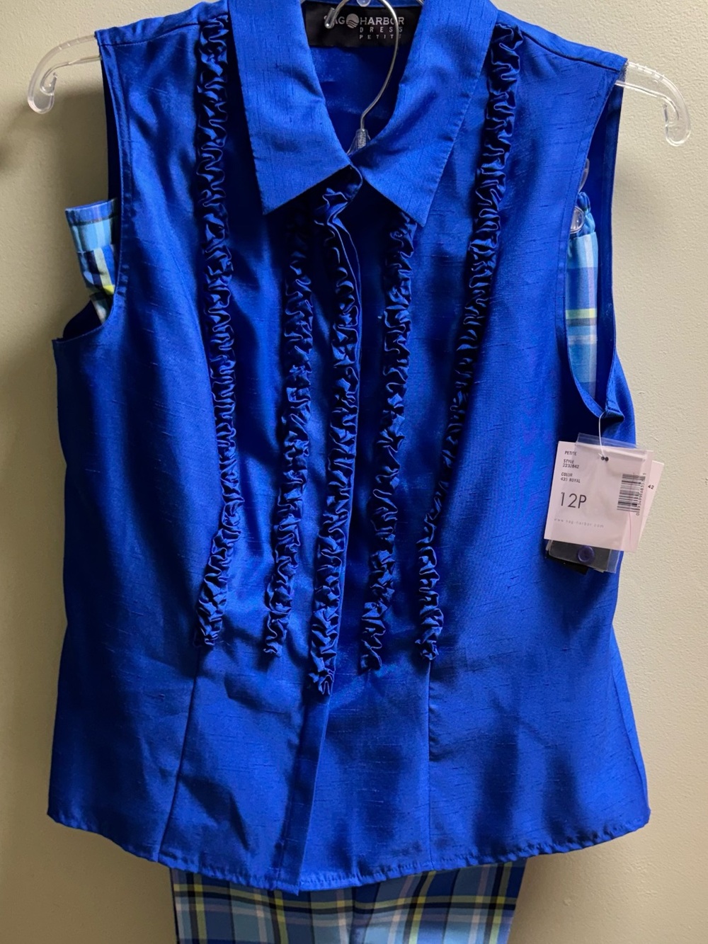 Sag Harbor Royal Blue Sleeveless Ruffle Front Blouse with coordinated capris